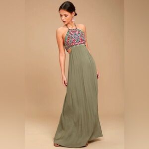 New Lulu’s Little Beach Olive Green Boho Embroidered Maxi Dress XSmall XS
